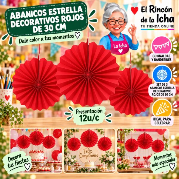 RI-0010202 Abanicos Estrella Decorativos Rojos De 30 Cm Feliz