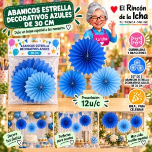 RI-0010203 Abanicos Estrella Decorativos Azules De 30 Cm Feliz