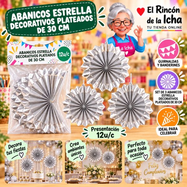 RI-0010204 Abanicos Estrella Decorativos Plateados De 30 Cm Feliz