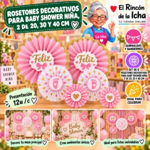 RI-0010208 Rosetones Decorativos Para Baby Shower Niña, 2 De 20, 30 Y 40 Cm Feliz