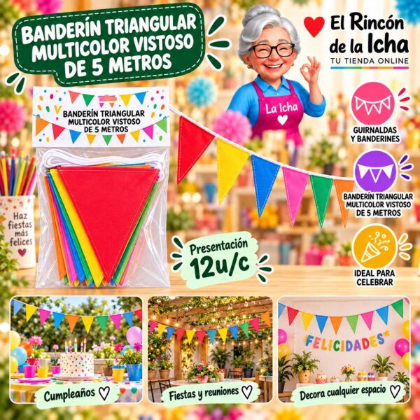 RI-0010214 Banderín Triangular Multicolor Vistoso De 5 Metros Feliz