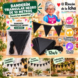 RI-0010215 Banderín Triangular Negro De 10 Metros Feliz