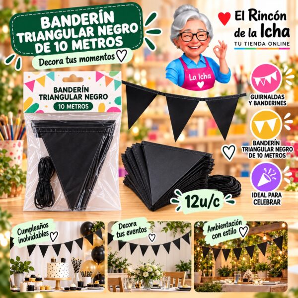 Banderín Triangular Negro De 10 Metros Feliz