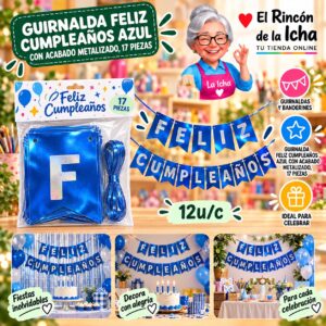 RI-0010216 Guirnalda Feliz Cumpleaños Azul Con Acabado Metalizado, 17 Piezas Feliz
