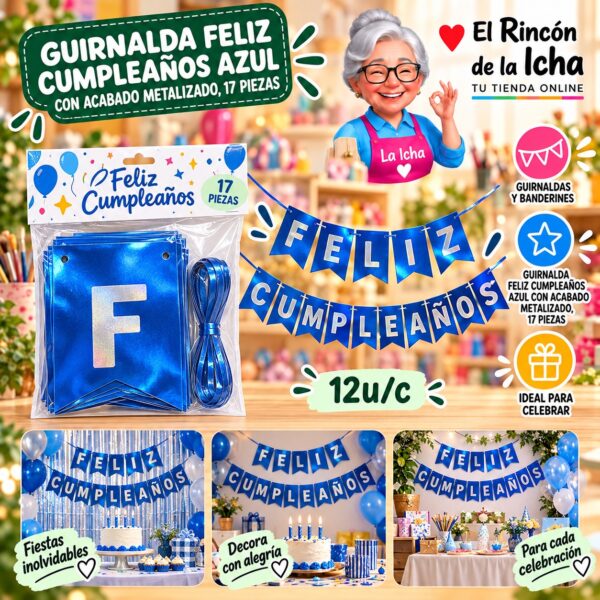 RI-0010216 Guirnalda Feliz Cumpleaños Azul Con Acabado Metalizado, 17 Piezas Feliz