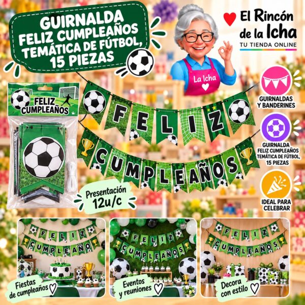 RI-0010217 Guirnalda Feliz Cumpleaños Temática De Fútbol, 15 Piezas Feliz