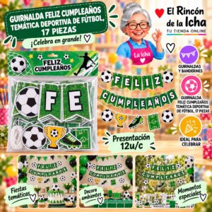 RI-0010220 Guirnalda Feliz Cumpleaños Temática Deportiva De Fútbol, 17 Piezas Feliz
