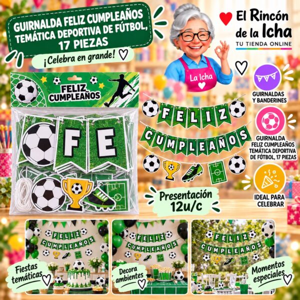 RI-0010220 Guirnalda Feliz Cumpleaños Temática Deportiva De Fútbol, 17 Piezas Feliz