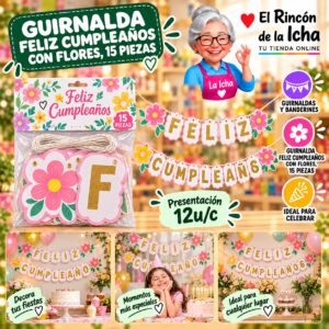 RI-0010221 Guirnalda Feliz Cumpleaños Con Flores, 15 Piezas Feliz