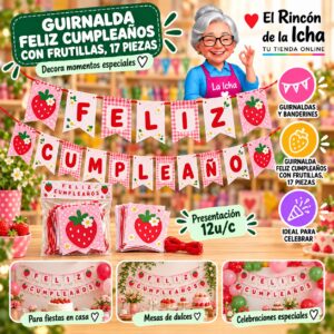 RI-0010222 Guirnalda Feliz Cumpleaños Con Frutillas, 17 Piezas Feliz