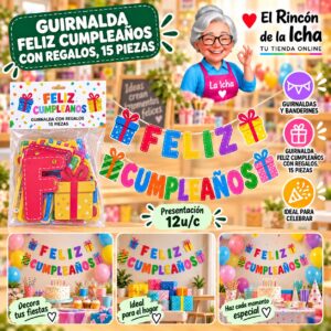 RI-0010223 Guirnalda Feliz Cumpleaños Con Regalos, 15 Piezas Feliz