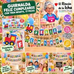 RI-0010224 Guirnalda Feliz Cumpleaños Con Tren Infantil, 17 Piezas Feliz