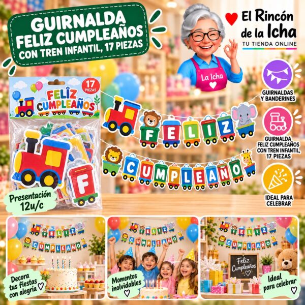 RI-0010224 Guirnalda Feliz Cumpleaños Con Tren Infantil, 17 Piezas Feliz