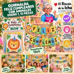 RI-0010225 Guirnalda Feliz Cumpleaños Con Animales Diseño 1, 15 Piezas Feliz