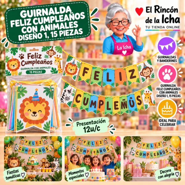 RI-0010225 Guirnalda Feliz Cumpleaños Con Animales Diseño 1, 15 Piezas Feliz