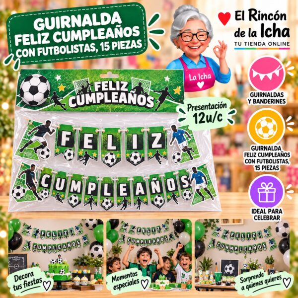 RI-0010226 Guirnalda Feliz Cumpleaños Con Futbolistas, 15 Piezas Feliz