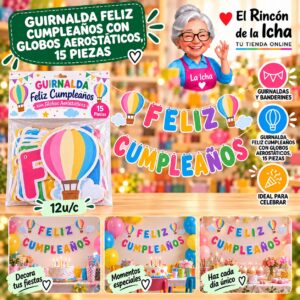 RI-0010227 Guirnalda Feliz Cumpleaños Con Globos Aerostáticos, 15 Piezas Feliz