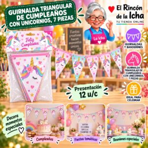 RI-0010228 Guirnalda Triangular De Cumpleaños Con Unicornios, 7 Piezas Feliz