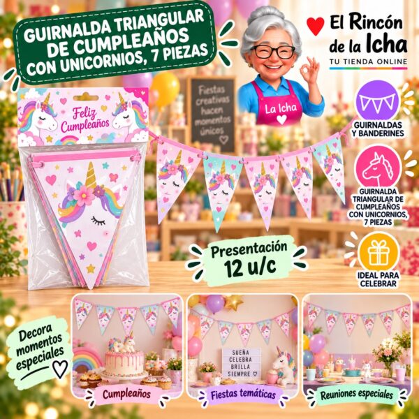 RI-0010228 Guirnalda Triangular De Cumpleaños Con Unicornios, 7 Piezas Feliz
