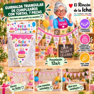 RI-0010229 Guirnalda Triangular De Cumpleaños Con Tortas, 7 Piezas Feliz