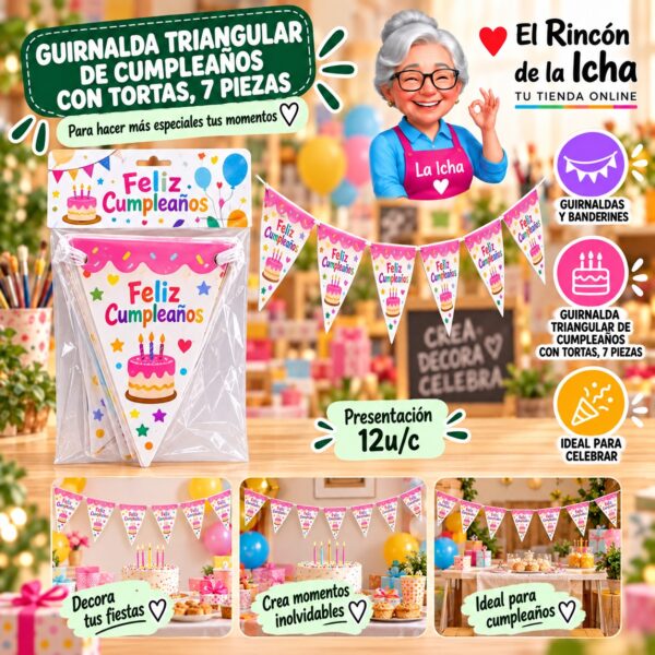 RI-0010229 Guirnalda Triangular De Cumpleaños Con Tortas, 7 Piezas Feliz