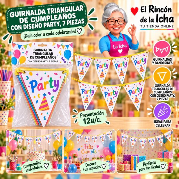 RI-0010230 Guirnalda Triangular De Cumpleaños Con Diseño Party, 7 Piezas Feliz