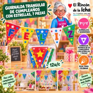 RI-0010231 Guirnalda Triangular De Cumpleaños Con Estrellas, 7 Piezas Feliz