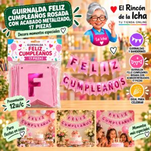 RI-0010234 Guirnalda Feliz Cumpleaños Rosada Con Acabado Metalizado, 17 Piezas Feliz