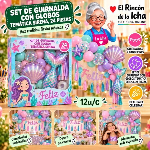 RI-0010239 Set De Guirnalda Con Globos Temática Sirena, 24 Piezas Feliz