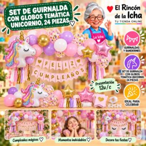 RI-0010240 Set De Guirnalda Con Globos Temática Unicornio, 24 Piezas Feliz