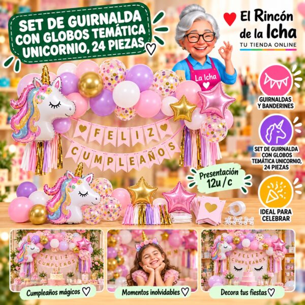 RI-0010240 Set De Guirnalda Con Globos Temática Unicornio, 24 Piezas Feliz