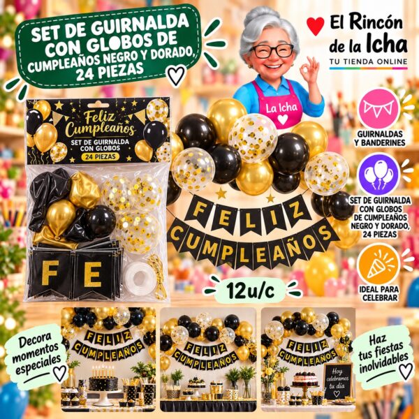 RI-0010242 Set De Guirnalda Con Globos De Cumpleaños Negro Y Dorado, 24 Piezas Feliz