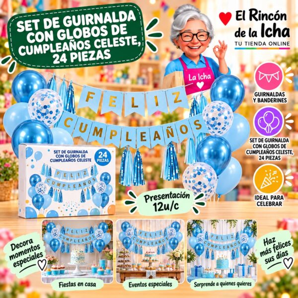 RI-0010245 Set De Guirnalda Con Globos De Cumpleaños Celeste, 24 Piezas Feliz