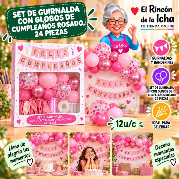 RI-0010246 Set De Guirnalda Con Globos De Cumpleaños Rosado, 24 Piezas Feliz