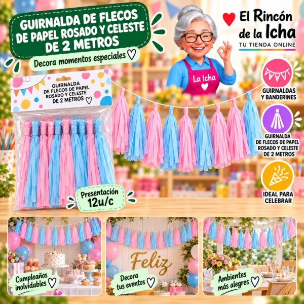 RI-0010247 Guirnalda De Flecos De Papel Rosado Y Celeste De 2 Metros Feliz