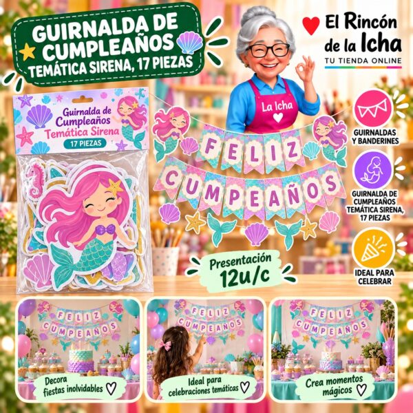 RI-0010248 Guirnalda De Cumpleaños Temática Sirena, 17 Piezas Feliz