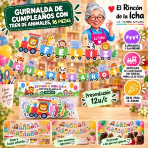 RI-0010249 Guirnalda De Cumpleaños Con Tren De Animales, 16 Piezas Feliz