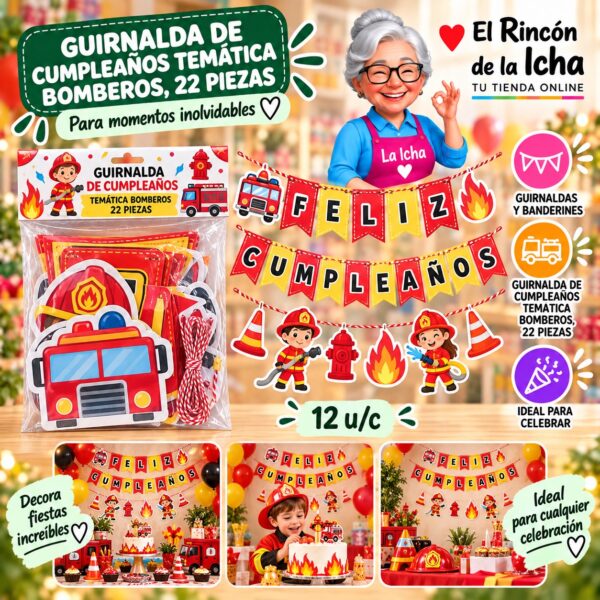 RI-0010250 Guirnalda De Cumpleaños Temática Bomberos, 22 Piezas Feliz