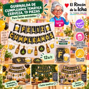 RI-0010251 Guirnalda De Cumpleaños Temática Cerveza, 19 Piezas Feliz