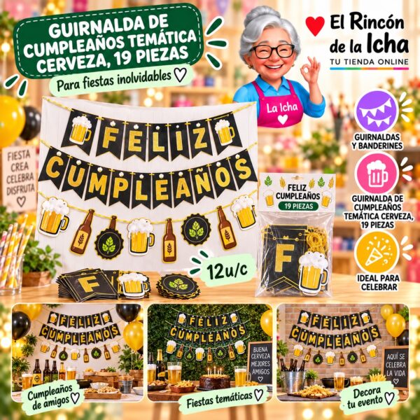 RI-0010251 Guirnalda De Cumpleaños Temática Cerveza, 19 Piezas Feliz