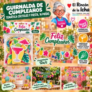RI-0010252 Guirnalda De Cumpleaños Temática Cócteles Y Fiesta, 16 Piezas Feliz