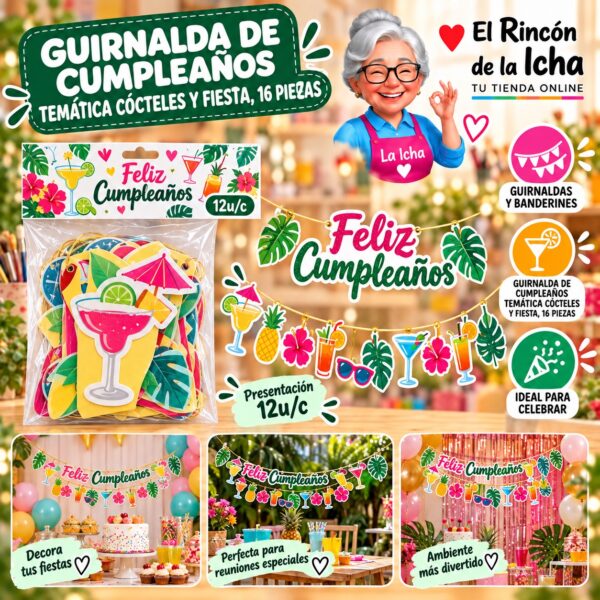 RI-0010252 Guirnalda De Cumpleaños Temática Cócteles Y Fiesta, 16 Piezas Feliz
