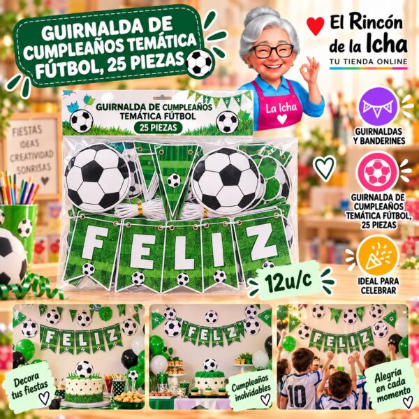 RI-0010254 Guirnalda De Cumpleaños Temática Fútbol, 25 Piezas Feliz