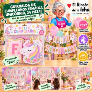 RI-0010258 Guirnalda De Cumpleaños Temática Unicornio, 24 Piezas Feliz