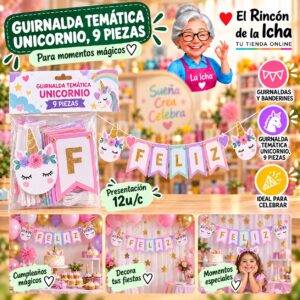 RI-0010259 Guirnalda Temática Unicornio, 9 Piezas Feliz