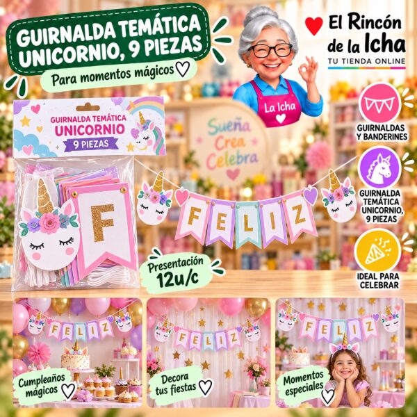 Guirnalda Temática Unicornio, 9 Piezas Feliz