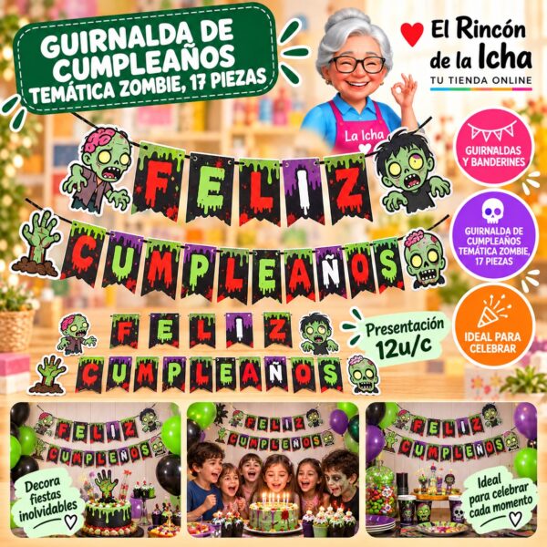RI-0010261 Guirnalda De Cumpleaños Temática Zombie, 17 Piezas Feliz