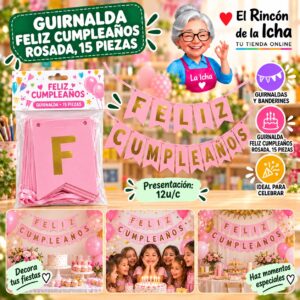RI-0010262 Guirnalda Feliz Cumpleaños Rosada, 15 Piezas Feliz