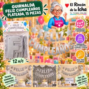 RI-0010264 Guirnalda Feliz Cumpleaños Plateada, 15 Piezas Feliz