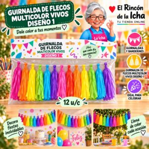 RI-0010265 Guirnalda De Flecos Multicolor Vivos Diseño 1 Feliz